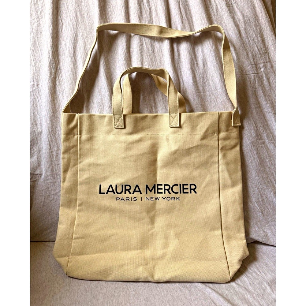 Laura Mercier Beige Canvas Logo Tote Bag 19x16x5 in Zippered Pocket